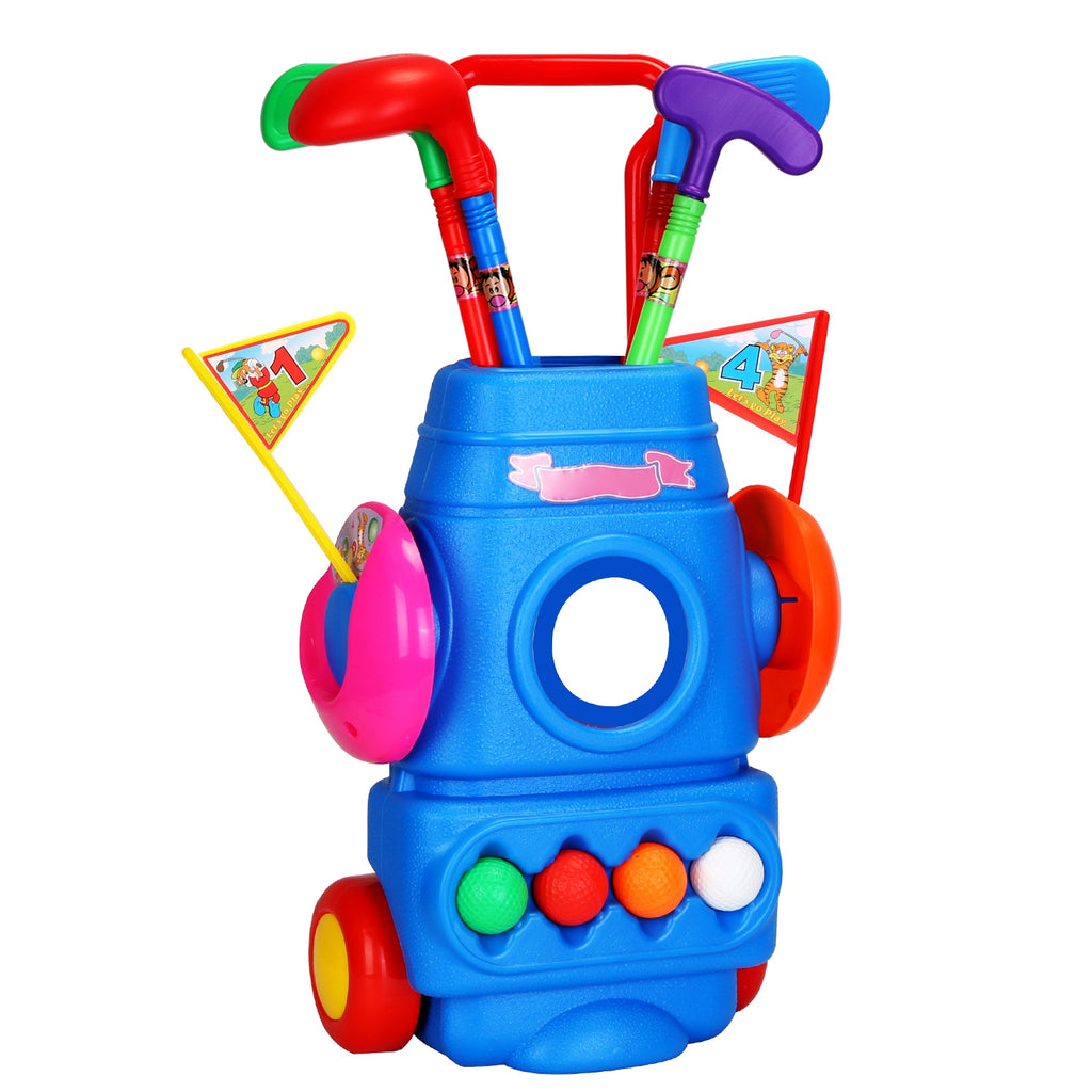 Toddler Golf Set with 4 Balls 4 Clubs 2 Holes 2 Flags Golf Cart Indoor Outdoor Golf Game Gift for 3-5 Years Old Kids for Spring Outdoor Activities