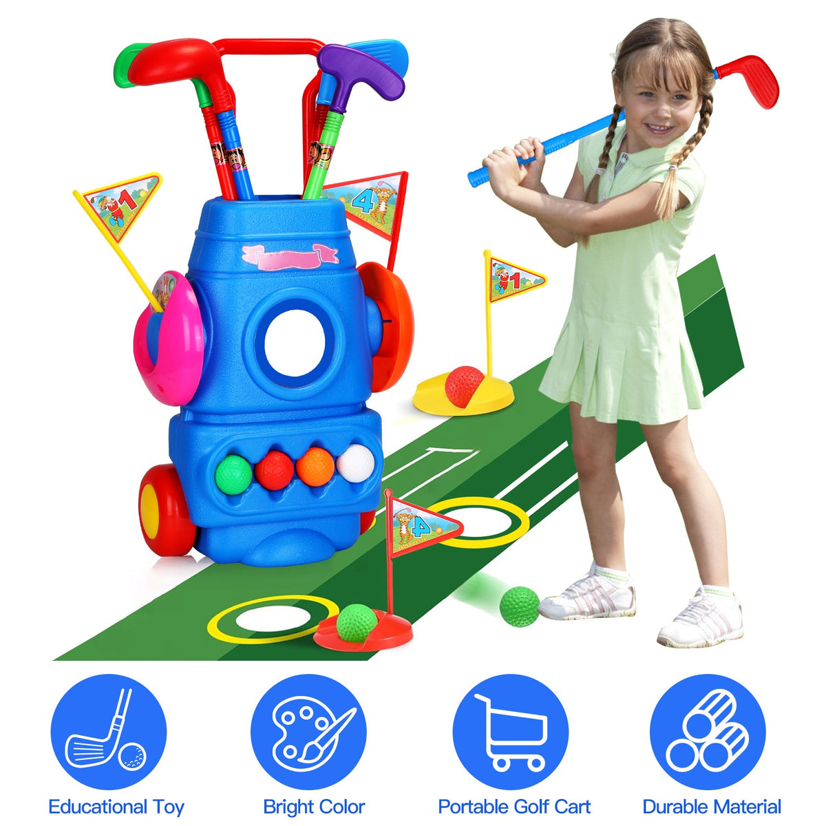 Toddler Golf Set with 4 Balls 4 Clubs 2 Holes 2 Flags Golf Cart Indoor Outdoor Golf Game Gift for 3-5 Years Old Kids for Spring Outdoor Activities
