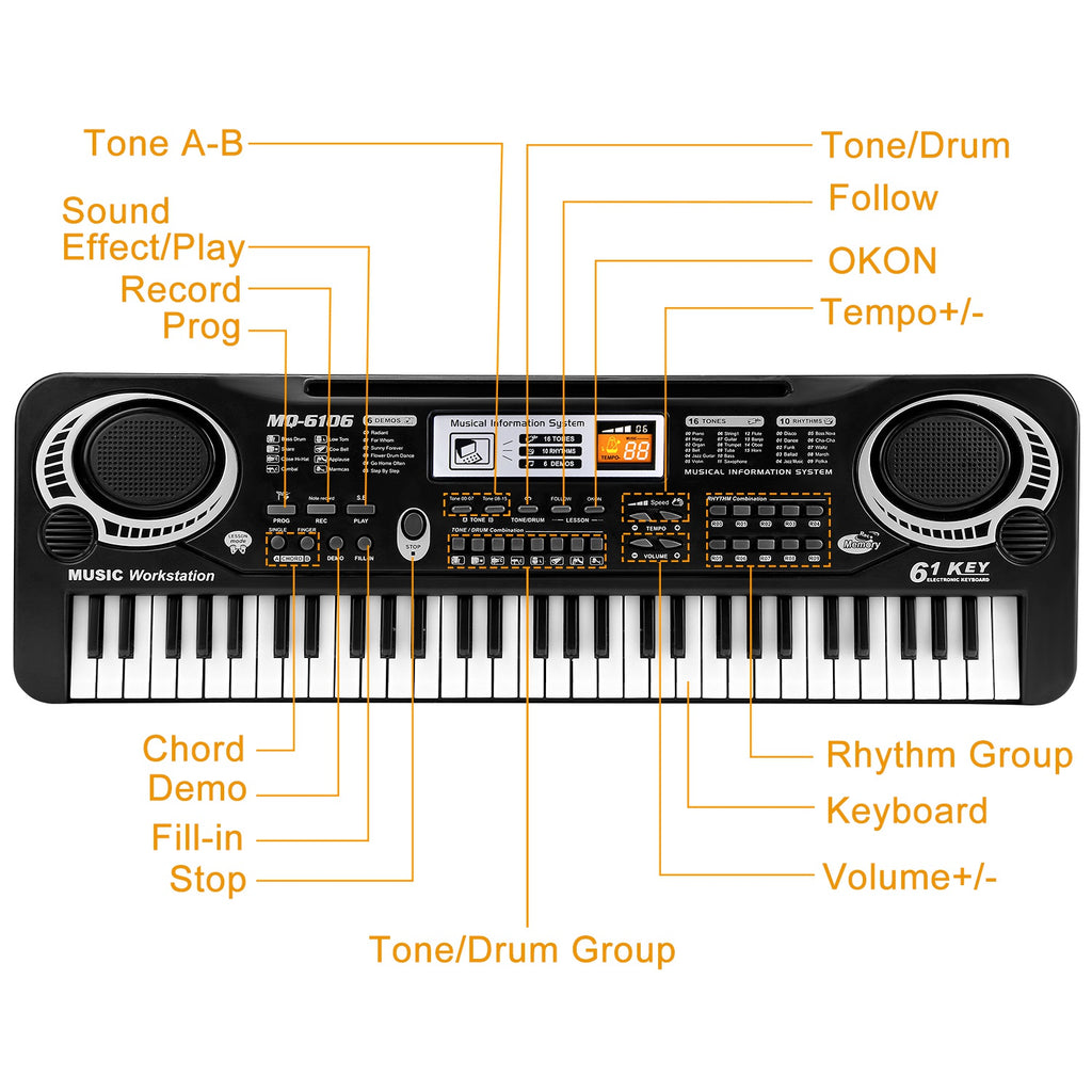61 Keys Digital Music Electronic Keyboard Electric Piano Musical Instrument Kids Learning Keyboard with Microphone for Beginners Kids Girls Boys Adults