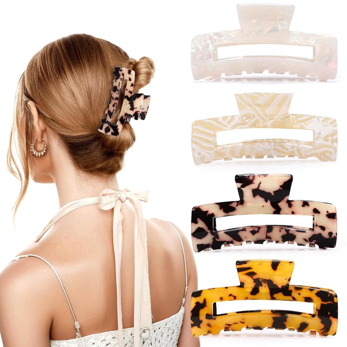 4Pcs Tortoise Hair Claw Clips, Acetate Hair Claw Clip Acrylic French Hair Banana Barrettes Jaw Clips, Stylish Hair Accessories for Women 3.15 Inch Fashion Strong Hold for Thick Thin Hair