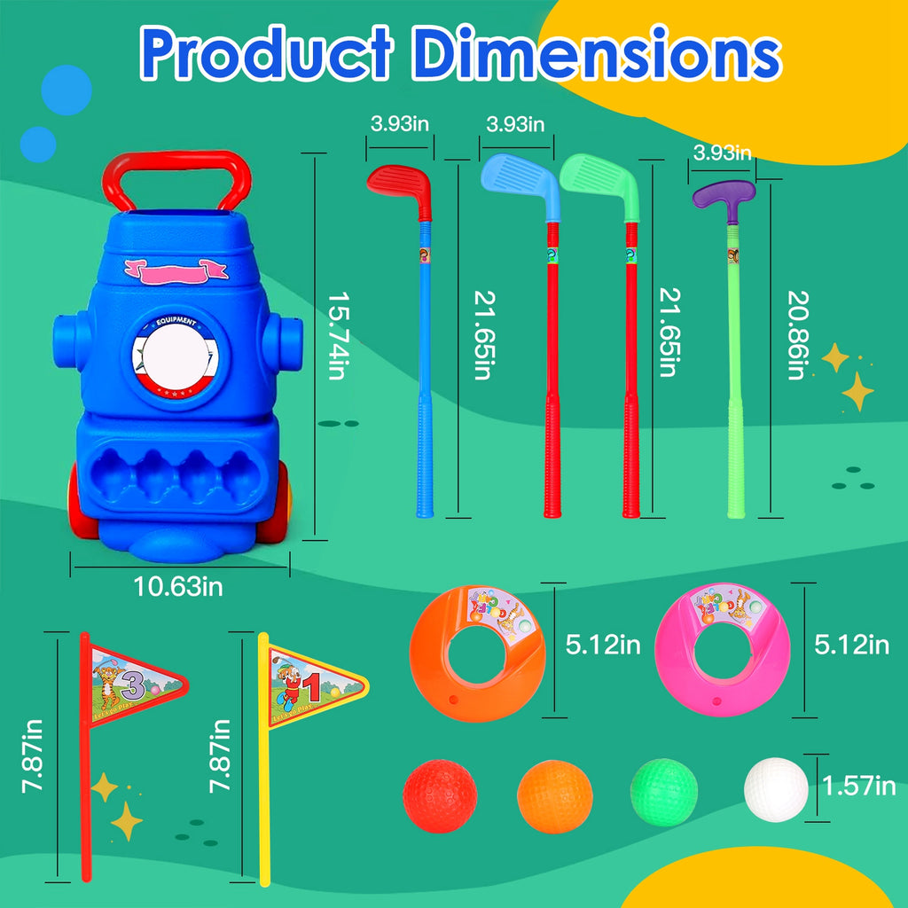 Toddler Golf Set with 4 Balls 4 Clubs 2 Holes 2 Flags Golf Cart Indoor Outdoor Golf Game Gift for 3-5 Years Old Kids for Spring Outdoor Activities