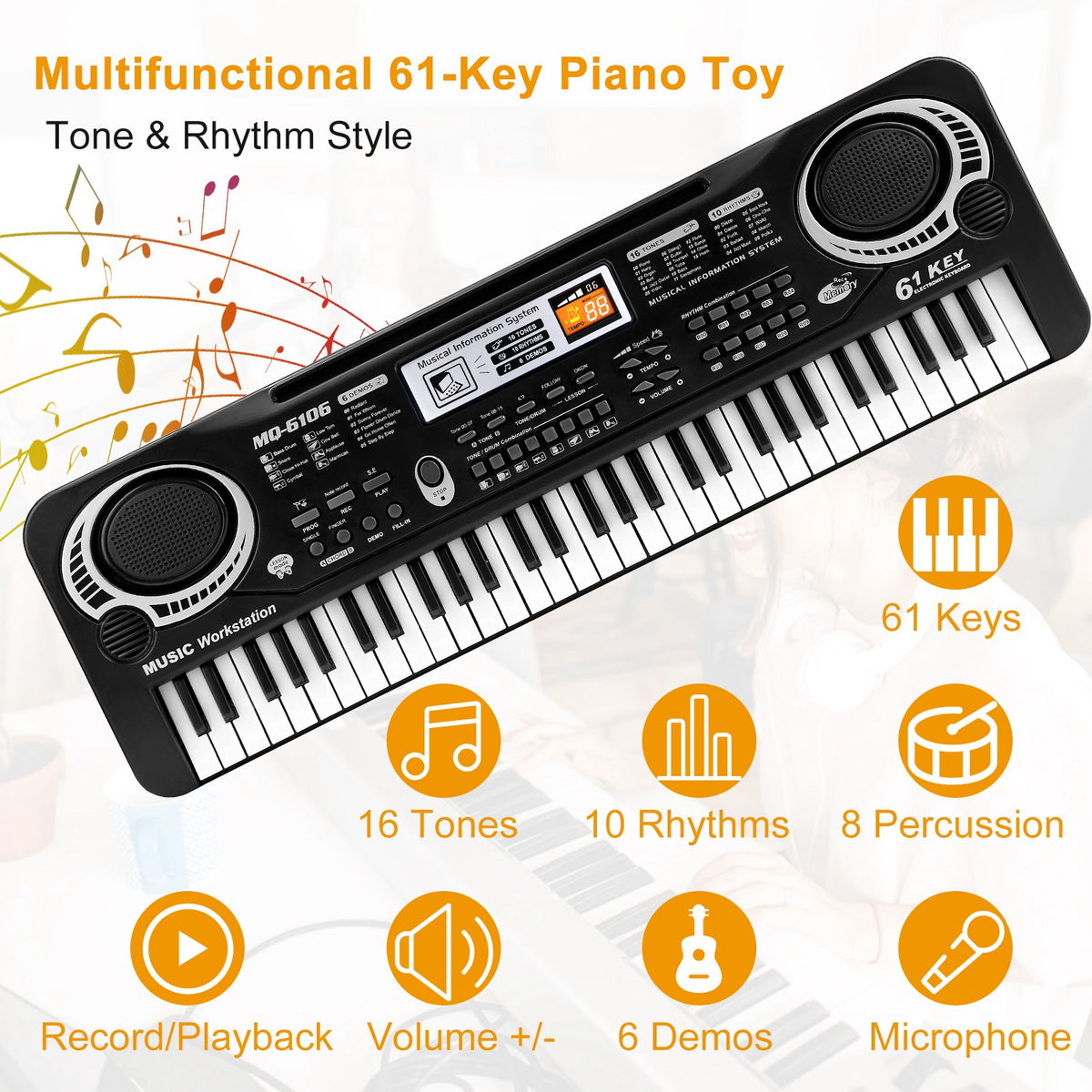 61 Keys Digital Music Electronic Keyboard Electric Piano Musical Instrument Kids Learning Keyboard with Microphone for Beginners Kids Girls Boys Adults