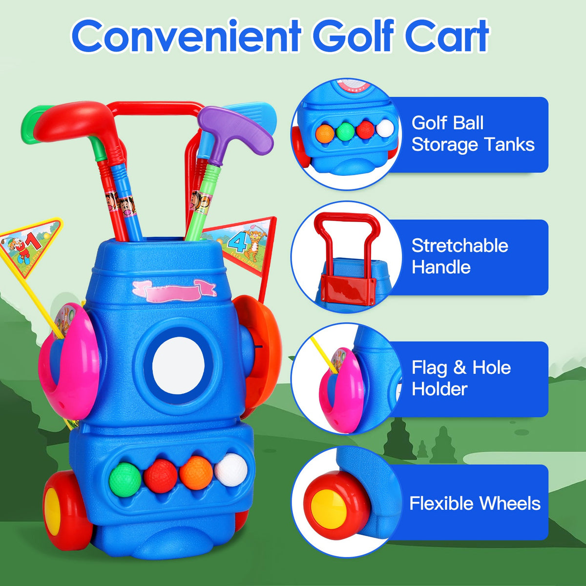 Toddler Golf Set with 4 Balls 4 Clubs 2 Holes 2 Flags Golf Cart Indoor Outdoor Golf Game Gift for 3-5 Years Old Kids for Spring Outdoor Activities