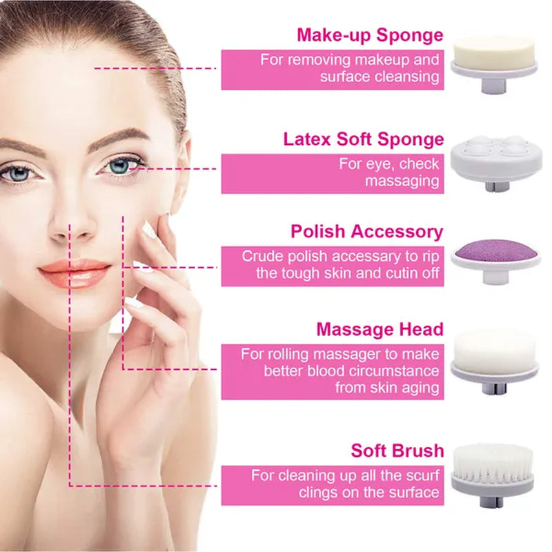 Waterproof Facial Cleansing Brush Face Spin Cleaning Brush Scrubber with 5 Brush Heads for Women