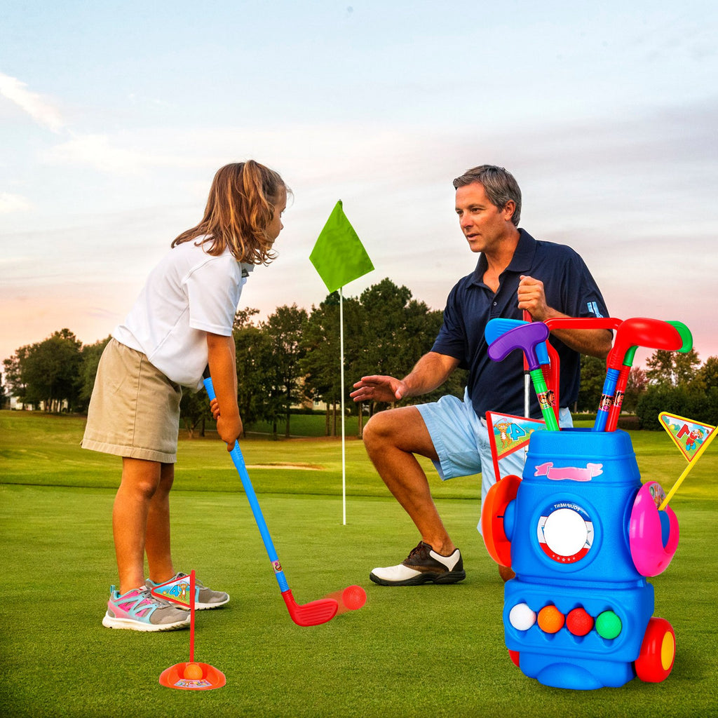 Toddler Golf Set with 4 Balls 4 Clubs 2 Holes 2 Flags Golf Cart Indoor Outdoor Golf Game Gift for 3-5 Years Old Kids for Spring Outdoor Activities