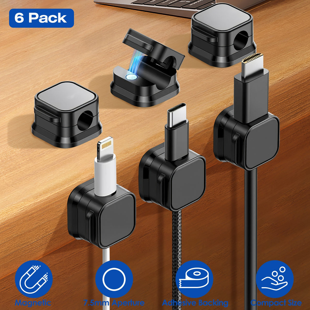 6 Pack Magnetic Cable Clips Magnetic Cord Organizer Adhesive Wire Holder for Home Office Car Desk Nightstand Wall