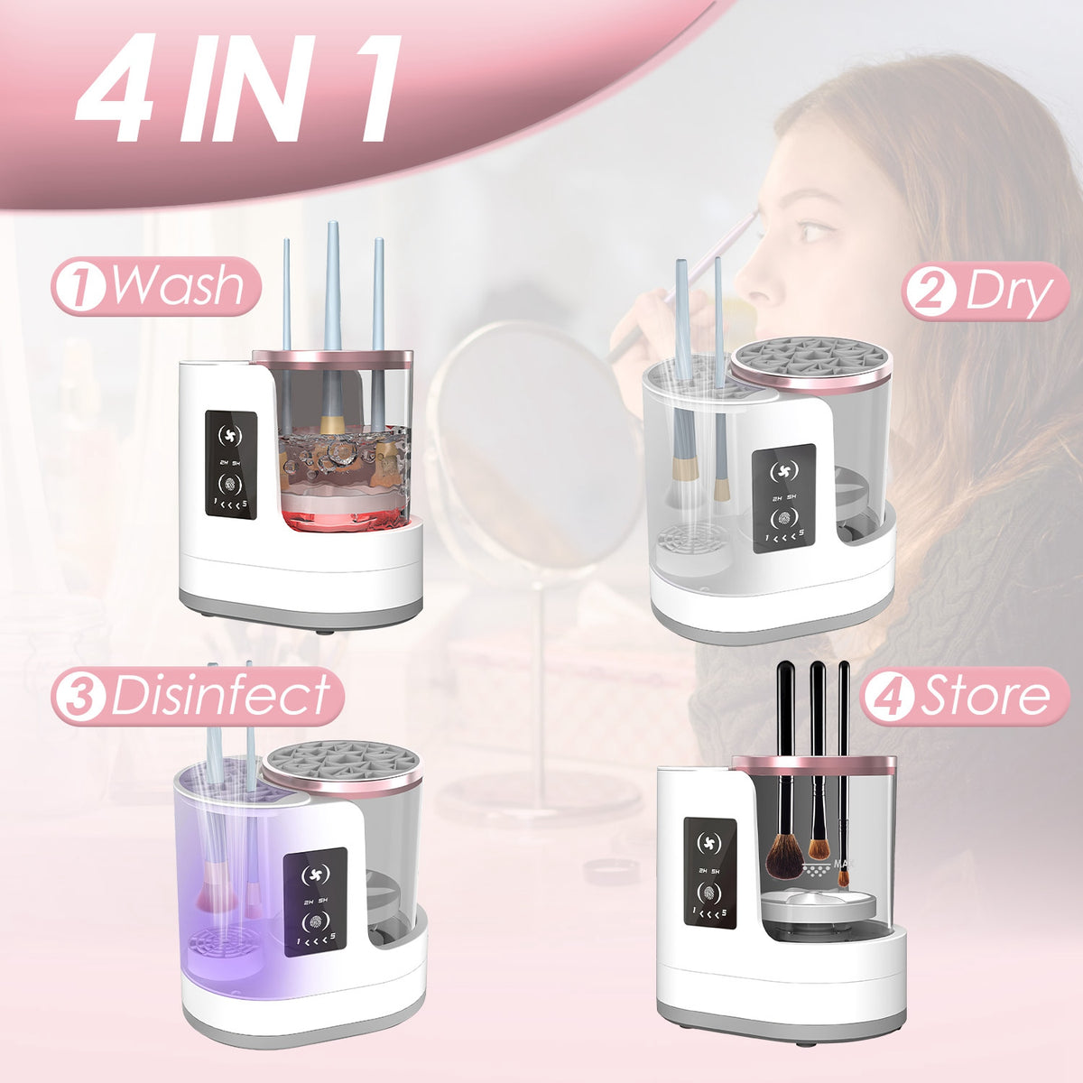 4 in 1 Electric Makeup Brush Cleaner USB Powered Automatic Brush Blender Machine with Timer Digital Display Cleaning Drying UV Disinfection Brush Storage for All Types of Brushes Valentines Day Gift
