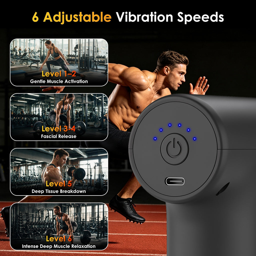 Portable Mini Massage Gun Deep Tissue Percussion Massager with 6 Speeds 5 Interchangeable Massage Heads Muscle Massager for Athletes Office Gym Travel