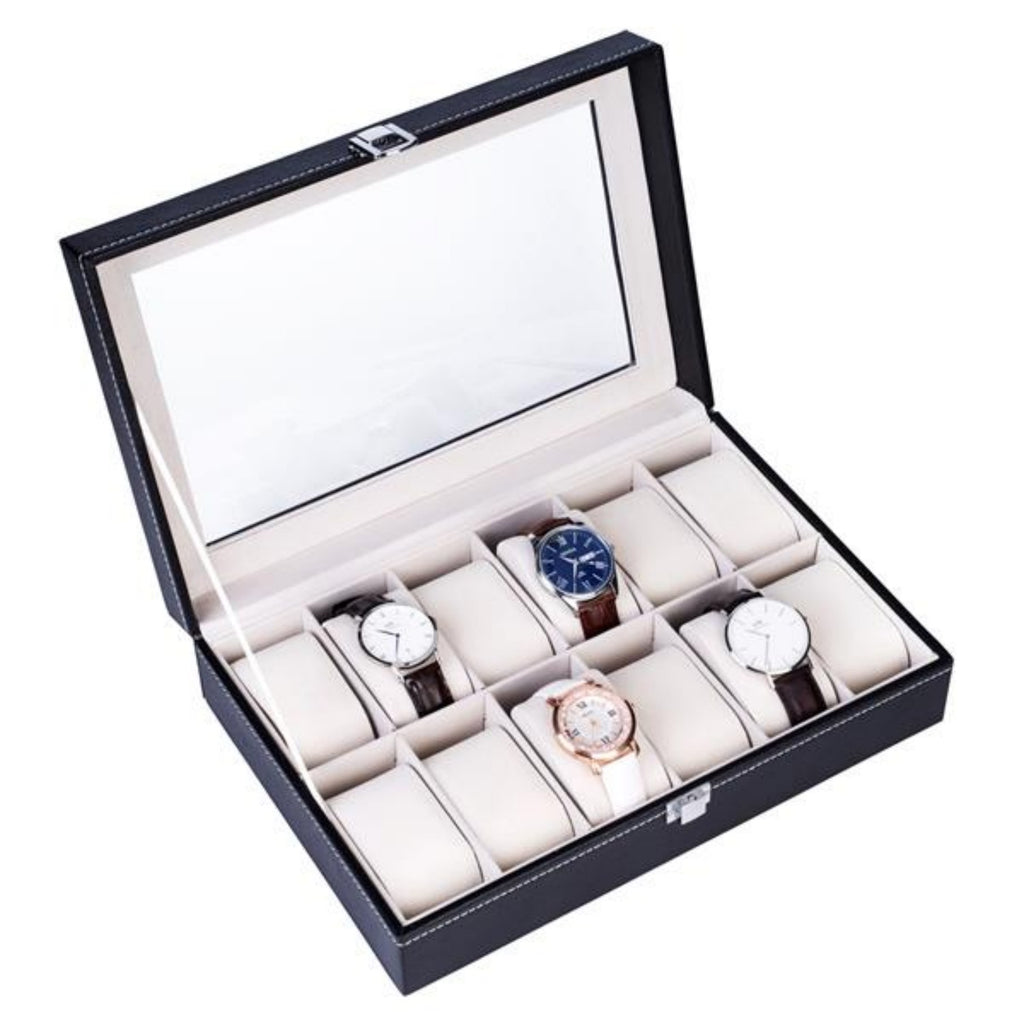 12 Slot Leather Watch Box Display Case Jewelry Organizer for Men Women