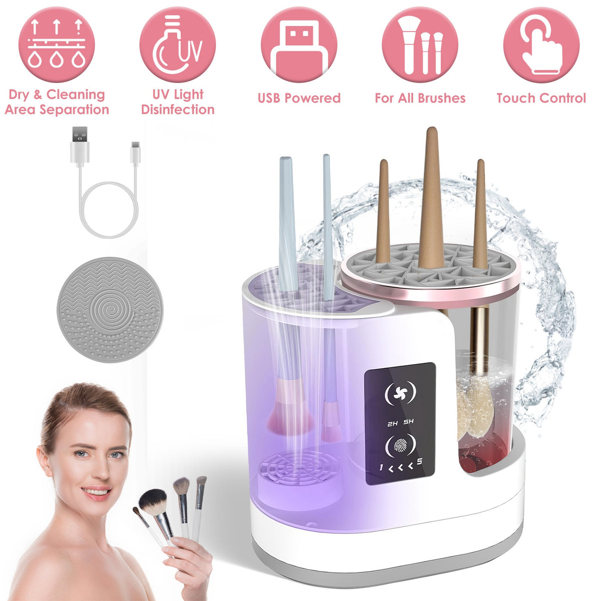 4 in 1 Electric Makeup Brush Cleaner USB Powered Automatic Brush Blender Machine with Timer Digital Display Cleaning Drying UV Disinfection Brush Storage for All Types of Brushes Valentines Day Gift