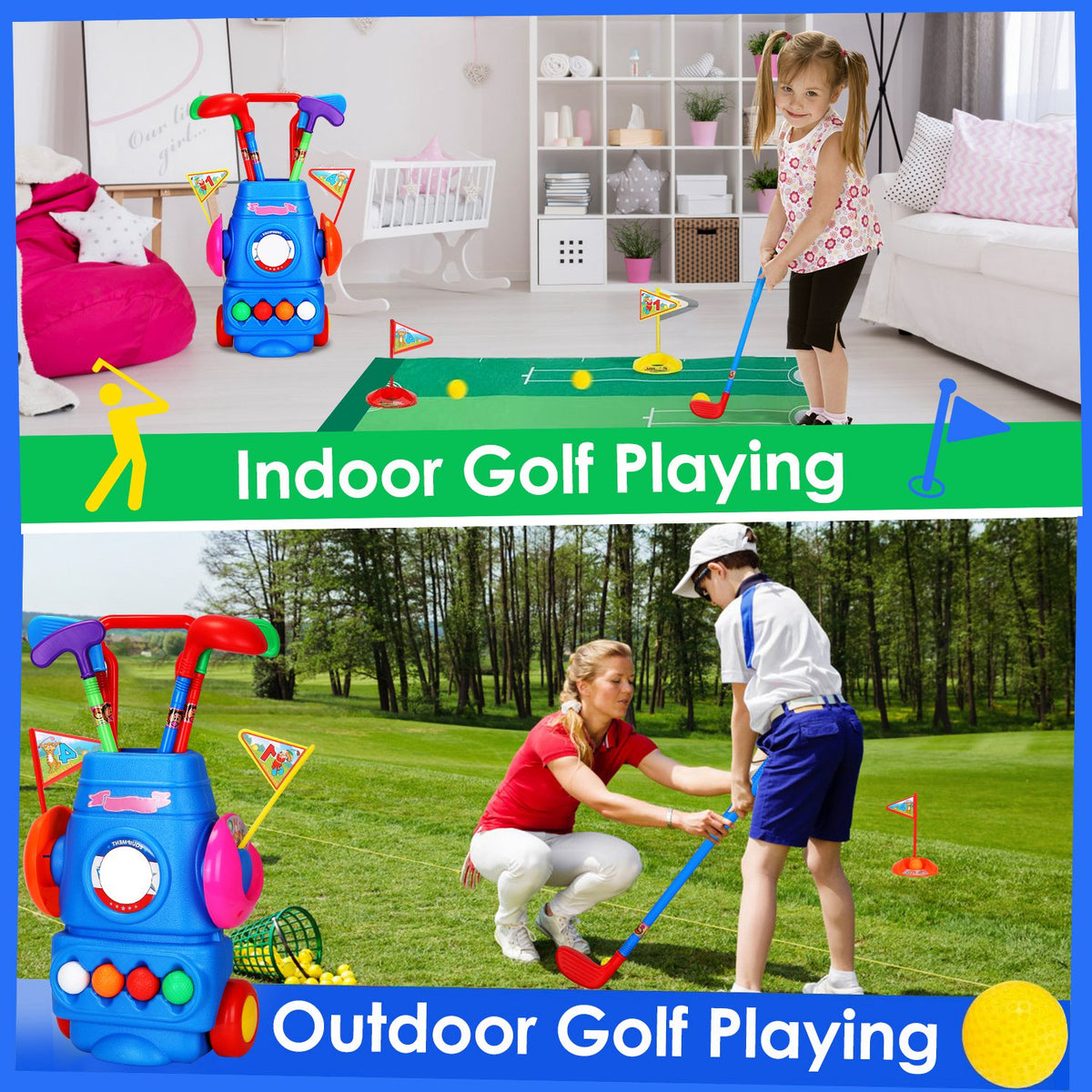 Toddler Golf Set with 4 Balls 4 Clubs 2 Holes 2 Flags Golf Cart Indoor Outdoor Golf Game Gift for 3-5 Years Old Kids for Spring Outdoor Activities
