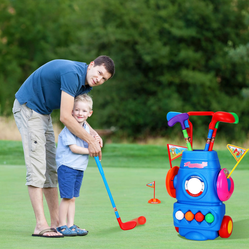 Toddler Golf Set with 4 Balls 4 Clubs 2 Holes 2 Flags Golf Cart Indoor Outdoor Golf Game Gift for 3-5 Years Old Kids for Spring Outdoor Activities