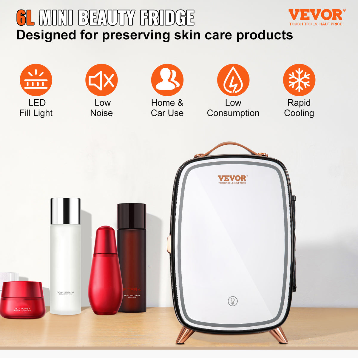 Vevor Mini Fridge, 6L Skincare Fridge with LED Light and HD Mirror, AC DC Makeup Fridges for Skin Care, Cosmetic Storage, Chill Face Mask Drink, Small Refrigerator for Bedroom Dorm Desktop, Black