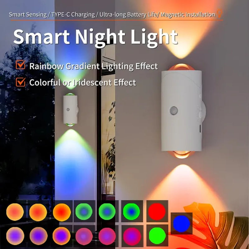 LED Motion Sensor Night Light, 7 Colors Rechargeable Battery Stair Light, Wireless Magnetic Wall Lamp, Cordless LED Wall Night Lights for Steps, Bedroom, Hallway, Courtyard, Holiday Decor, 2-Pack
