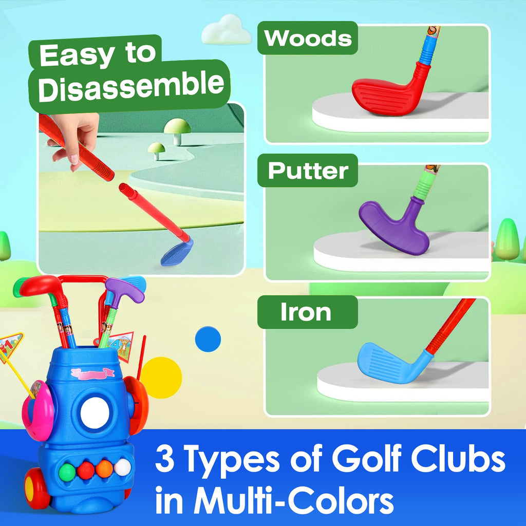 Toddler Golf Set with 4 Balls 4 Clubs 2 Holes 2 Flags Golf Cart Indoor Outdoor Golf Game Gift for 3-5 Years Old Kids for Spring Outdoor Activities