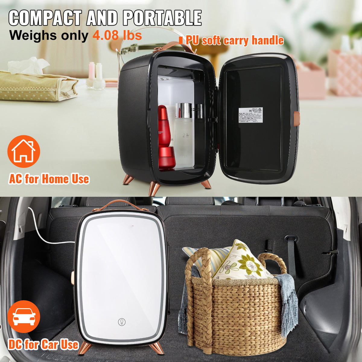 Vevor Mini Fridge, 6L Skincare Fridge with LED Light and HD Mirror, AC DC Makeup Fridges for Skin Care, Cosmetic Storage, Chill Face Mask Drink, Small Refrigerator for Bedroom Dorm Desktop, Black