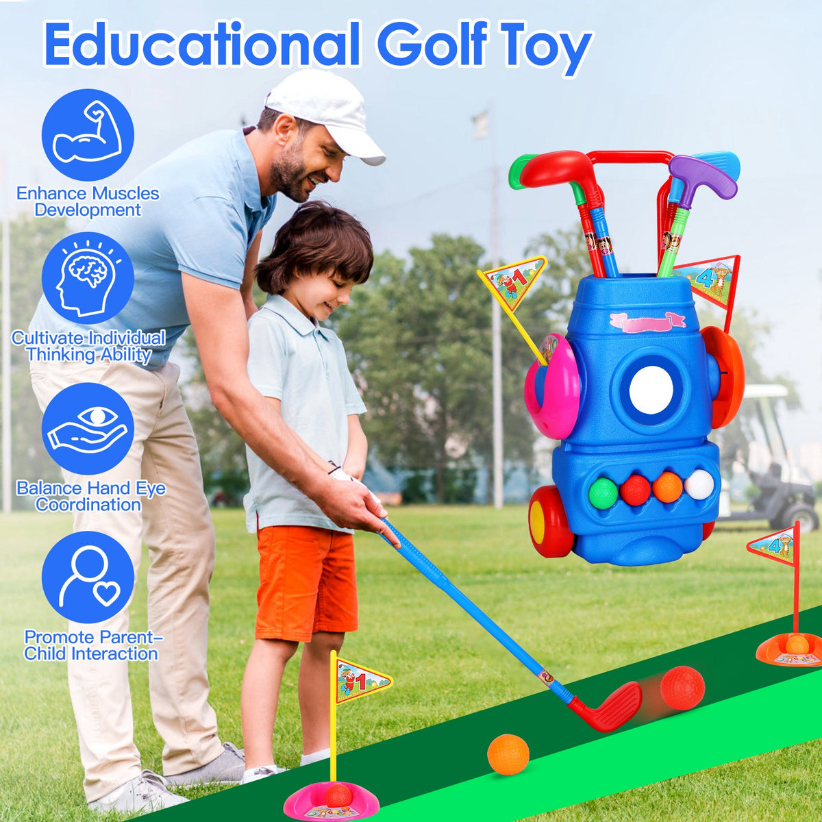 Toddler Golf Set with 4 Balls 4 Clubs 2 Holes 2 Flags Golf Cart Indoor Outdoor Golf Game Gift for 3-5 Years Old Kids for Spring Outdoor Activities