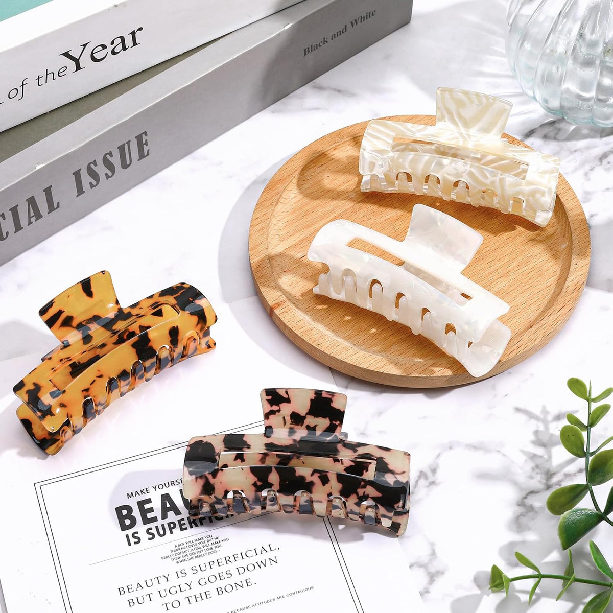 4Pcs Tortoise Hair Claw Clips, Acetate Hair Claw Clip Acrylic French Hair Banana Barrettes Jaw Clips, Stylish Hair Accessories for Women 3.15 Inch Fashion Strong Hold for Thick Thin Hair