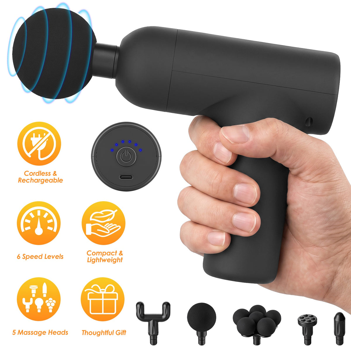 Portable Mini Massage Gun Deep Tissue Percussion Massager with 6 Speeds 5 Interchangeable Massage Heads Muscle Massager for Athletes Office Gym Travel